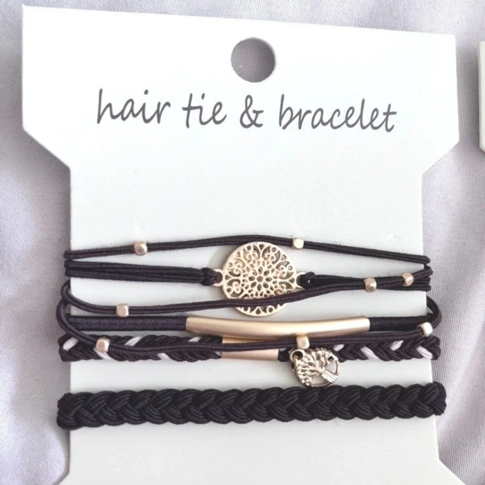 Boho Hair Tie Bracelet Set Brown Black Gold Tree of Life Mandala 2pk
